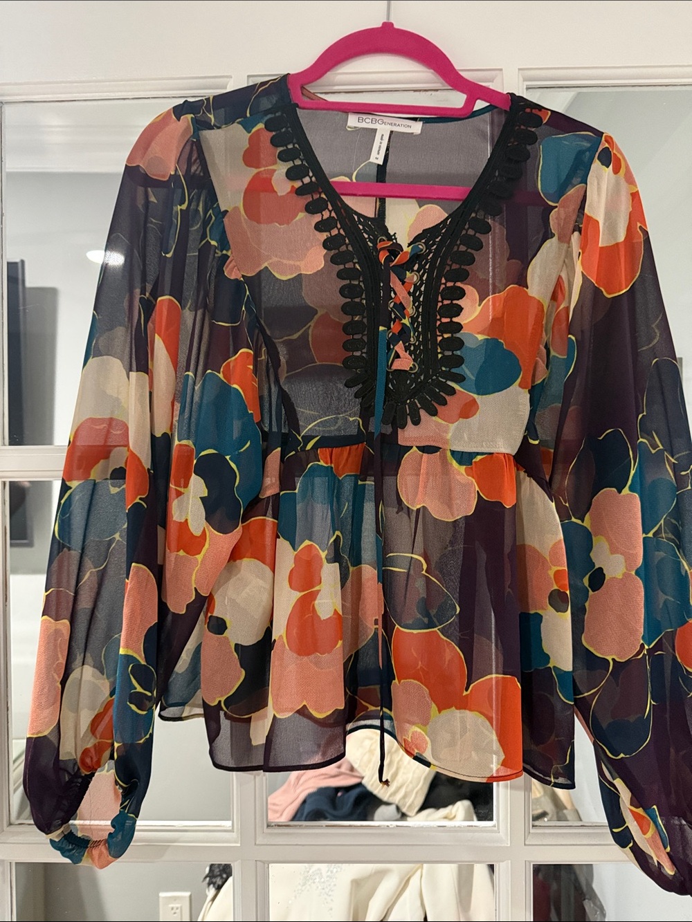 BCBGeneration Sheer Floral Blouse in purple , Coral, Teal